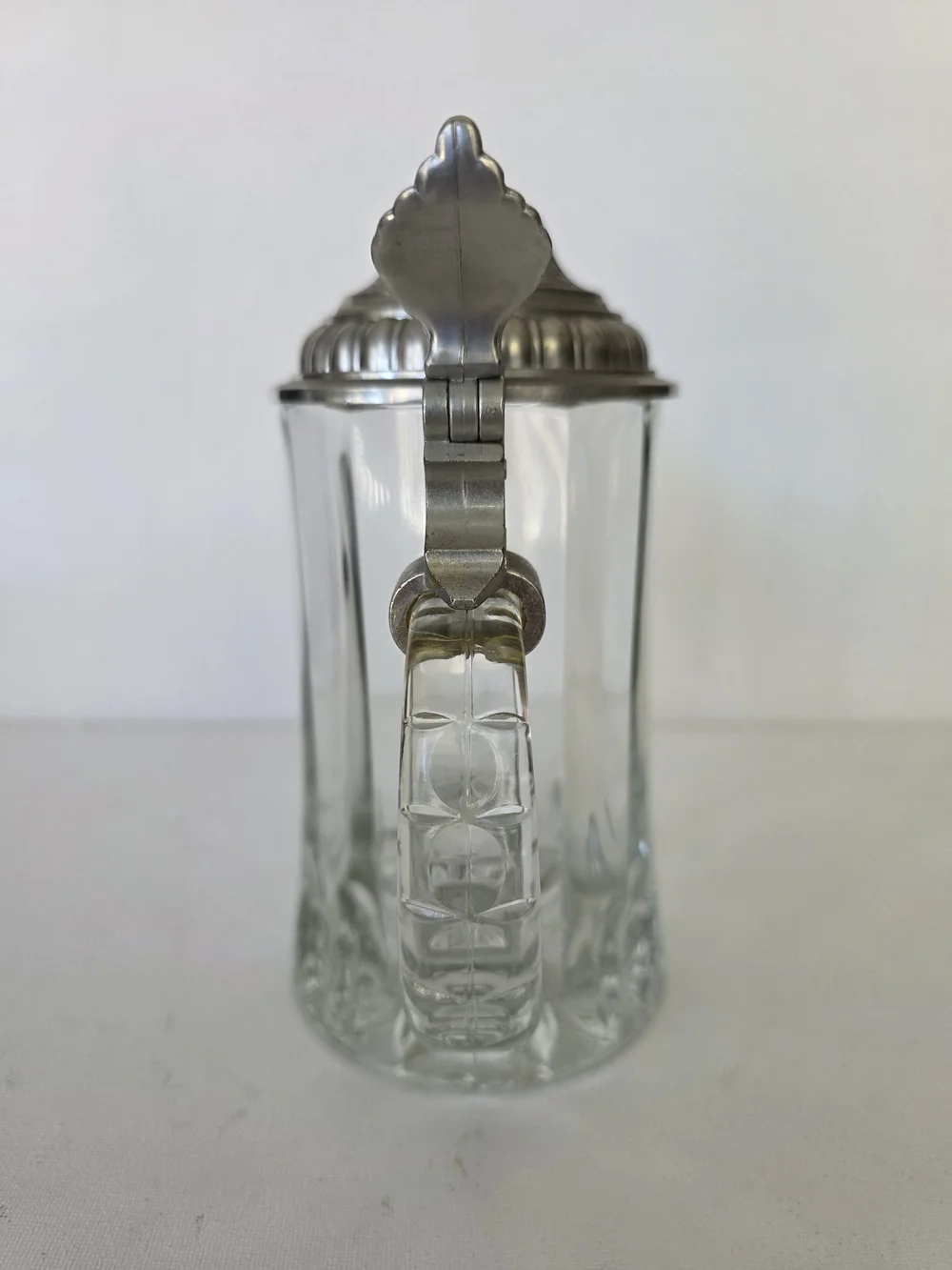 Vintage Clear Glass Beer Stein with Decorative Silver-Tone Hinged Lid